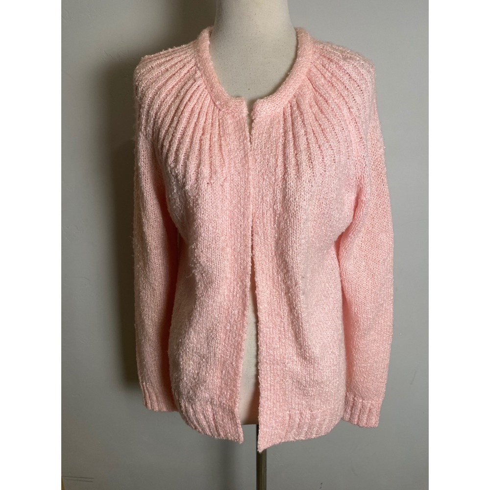 Vintage 70s Le Chois Pink Boucle Knit Open Front Cardigan Sweater Medium Granny